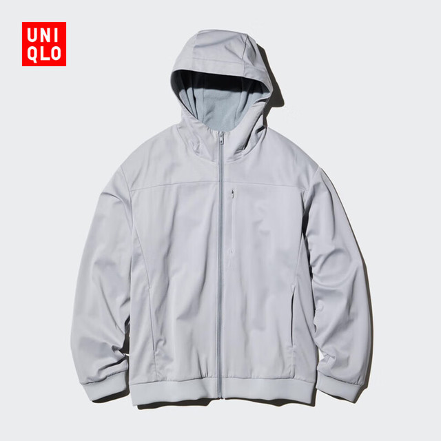 今日必买：优衣库 男装防风摇粒绒拉链连帽开衫/长袖481182 02 浅灰色
