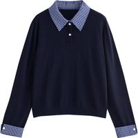 初语撞色拼接格纹polo领设计羊毛针织衫2025秋复古学院风上衣 藏青 M