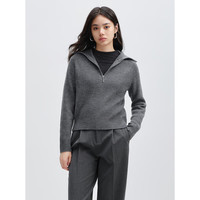 太平鸟秋冬毛针织衫集合链接打底无缝套衫女士开衫 灰色半门襟翻领线套衫 M