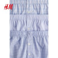 HM秋季男士内裤棉质松紧中腰条纹平角短裤3条装0662369 浅蓝色/格纹 175/115