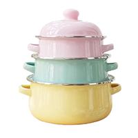 欧丽家 加厚糖果色汤锅搪瓷炖锅汤锅小火锅三件套搪瓷锅带盖 16cm双耳锅（粉）1.3升 16cm