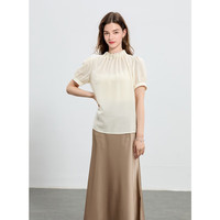 三彩2025夏季醋酸白衬衫小衫褶皱立领泡泡袖宽松通勤气质M 米白色 XL 170/92A