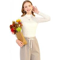 lagogo镂空蕾丝半高领直筒长袖T恤女拉谷谷冬季文艺纯色上衣 米白色(V2) L 165/40