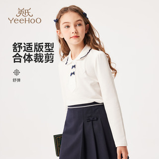英氏（YEEHOO）儿童t恤女童polo衫秋季时尚淑女学院风长袖上衣秋装中大童装C 蝴蝶结波浪-白色 120
