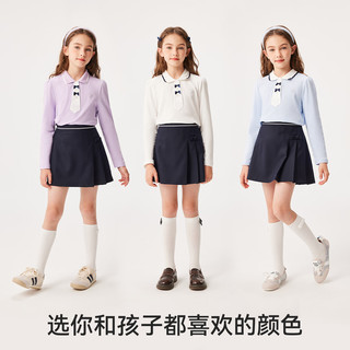 英氏（YEEHOO）儿童t恤女童polo衫秋季时尚淑女学院风长袖上衣秋装中大童装C 蝴蝶结波浪-白色 120