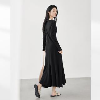 限尺码：DUIBAI 2025春秋法式方领针织连衣裙优雅显瘦气质女式长款小黑裙