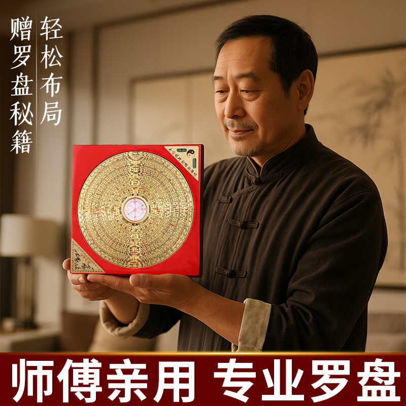 缤越罗盘高精度专业黄铜罗经仪摆件指南针三元三合盘综合盘 9寸