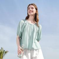 百图 【欧若风圆领娃娃衫】夏季泡泡袖小衫衬衣温柔风宽松显瘦女生
