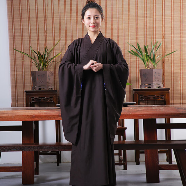 嘉狮海青居士服四季广袖禅修服麻纱男女同款夏季柔软透气大褂短套长袍 咖啡色（台麻微透） 均码 40码身高169