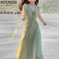 棉致法式气质绿色小飞袖连衣裙女夏季2025新款小个子海边度假风长裙 C5L53699绿色【高品质55】 L 100-115斤