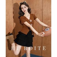 Et Boite/法文箱子 立体玫瑰花甜酷风V领韩版针织衫褶皱百搭温柔风短袖T恤女上衣