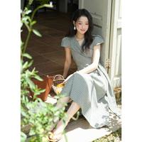 谜秀 格子收腰v领短袖连衣裙2025夏装法式高级感长款裙子