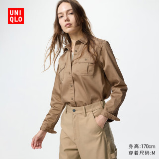 优衣库 女装全棉工装衬衫/长袖衬衣空调衫外套通勤休闲479579 32 深米色 S /155/80A