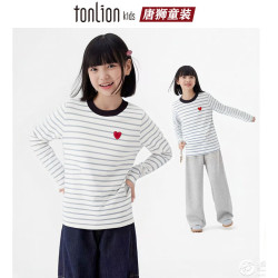 小猪班纳 女童春季新款韩版修身撞色条纹爱心圆领长袖T恤