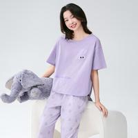 芬腾 【100%纯棉】侧开叉宽松版圆领卡通薄款夏睡衣女士家居服套装