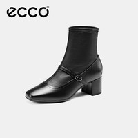 ecco 靴子女 时尚潮流百搭女靴牛皮轻奢粗跟短靴女 型塑 黑色38