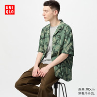 优衣库男装/男女同款莫代尔棉混纺印花开领衬衫/短袖古巴领度假风474522 56 橄榄色 S /165/84A