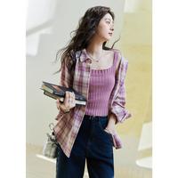谜秀 紫色格子衬衫外套女2025春秋装韩系纯棉宽松休闲衬衣上衣女