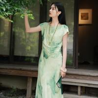三彩 【玉影浮翠】2025夏季款中式连衣裙假两件收腰C