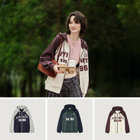 森马 外套女连帽插肩袖宽松上衣女士秋季潮流刺绣撞色夹克美式复古