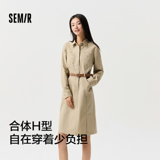 森马连衣裙女开叉翻领复古时尚潮流春季休闲简约风收腰工装裙盐系
