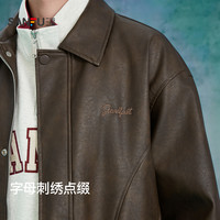 三福 字母刺绣PU皮衣夹克 复古宽松翻领 男士外套