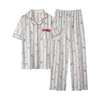 顶瓜瓜纯棉睡衣女春夏季薄款短袖长裤开衫可爱大码全棉家居服套装