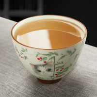 易信茶杯汝窑陶瓷水杯大容量主人杯对杯开片可养喝水杯功夫茶具杯子 2个斗笠杯-秋千猫+探头猫