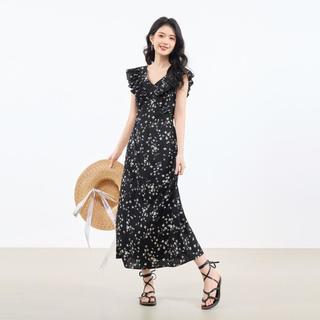 秋水伊人 【2025秋季】优雅气质V领碎花裙女百搭荷叶边袖连衣裙