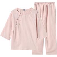 美标七分袖纯棉睡衣套装春夏女双层棉纱中国风全棉可外穿家居服秋