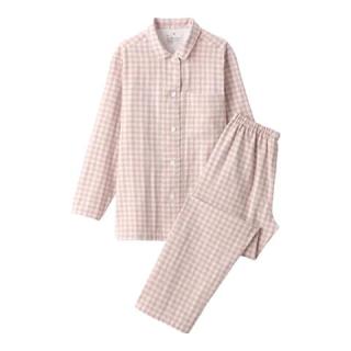 無印良品 MUJI 无侧缝 双层纱织睡衣 浅粉红色格纹