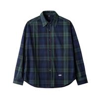 马登 工装美式复古蓝绿色格子衬衫长袖纯棉肌理感薄款衬衣外套男秋 蓝绿格 2XL