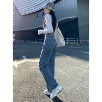 自由探戈高腰阔腿裤牛仔裤女2025秋季宽松直筒小个子显瘦拖地裤有加绒选 复古蓝(加长) XL