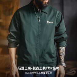 马登 工装美式复古刺绣教练夹克男秋季新款翻领纯棉重磅长袖外套