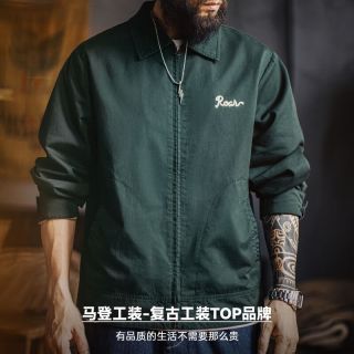 马登 美式复古刺绣教练夹克男春季翻领墨绿色纯棉重磅长袖外套