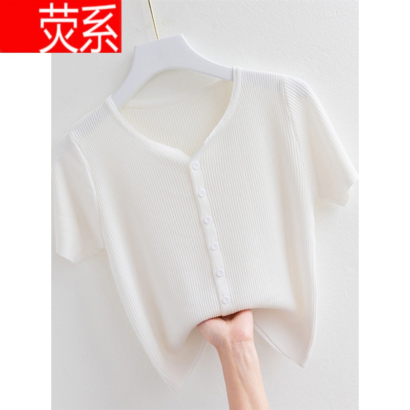 荧系高档品牌感气质冰丝短袖女夏季薄款小开衫修身显瘦百搭针织v领上衣 【甜美/气质/小众潮牌/可甜可盐/赫本风/约会