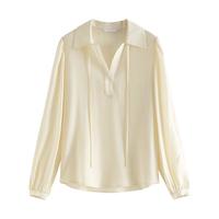 范思蓝恩气质韩版翻领绑带衬衫女2024春V领百搭上衣24FS11288 咖啡色 S