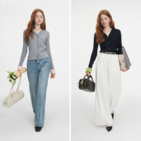 范思蓝恩东方简奢风新中式撞色拼接长袖针织开衫女秋2024V领通勤上衣 黑色 L