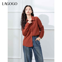 LAGOGO红色气质磨毛衬衫外套女拉谷谷秋冬设计感翻领叠穿上衣