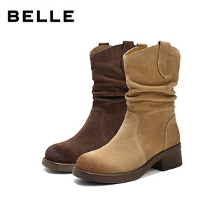 百丽（Belle）复古时尚V口时装靴女2025冬新百搭显瘦堆堆西部靴B2913DZ5 咖色 38