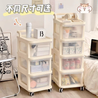 霓峰 小推车置物架落地多层零食收纳家用客厅架婴儿用品宝宝玩具储物架 奶油白3层透明抽屉