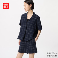 优衣库女装麻混纺裙裤/格纹休闲裤裤子477613 69 藏青色 S /155/62A