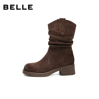 百丽（Belle）复古时尚V口时装靴女2025冬新百搭显瘦堆堆西部靴B2913DZ5 咖色 38