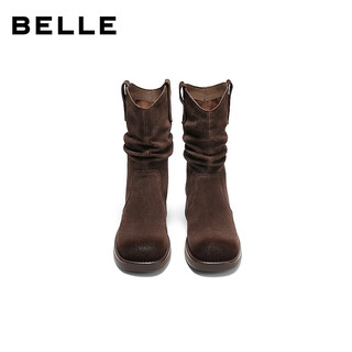 百丽（Belle）复古时尚V口时装靴女2025冬新百搭显瘦堆堆西部靴B2913DZ5 咖色 38
