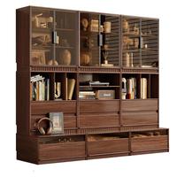 格雅木语实木落地式书柜一体靠墙卡座落地置物带门黑胡桃色组合高矮收纳柜 A款（玻璃门）