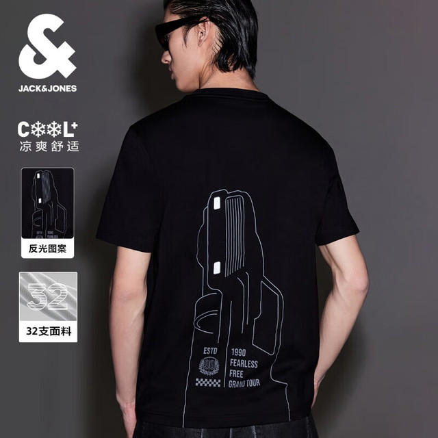 JACK&JONES 杰克琼斯 杰克·琼斯 男士短袖T恤 黑色 常规 225201073E40 L