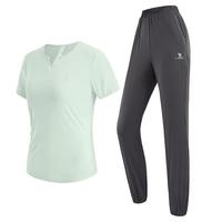 骆驼 CAMEL【时尚小V领】运动套装女春夏弹力短袖t恤长裤两件套瑜伽服套装