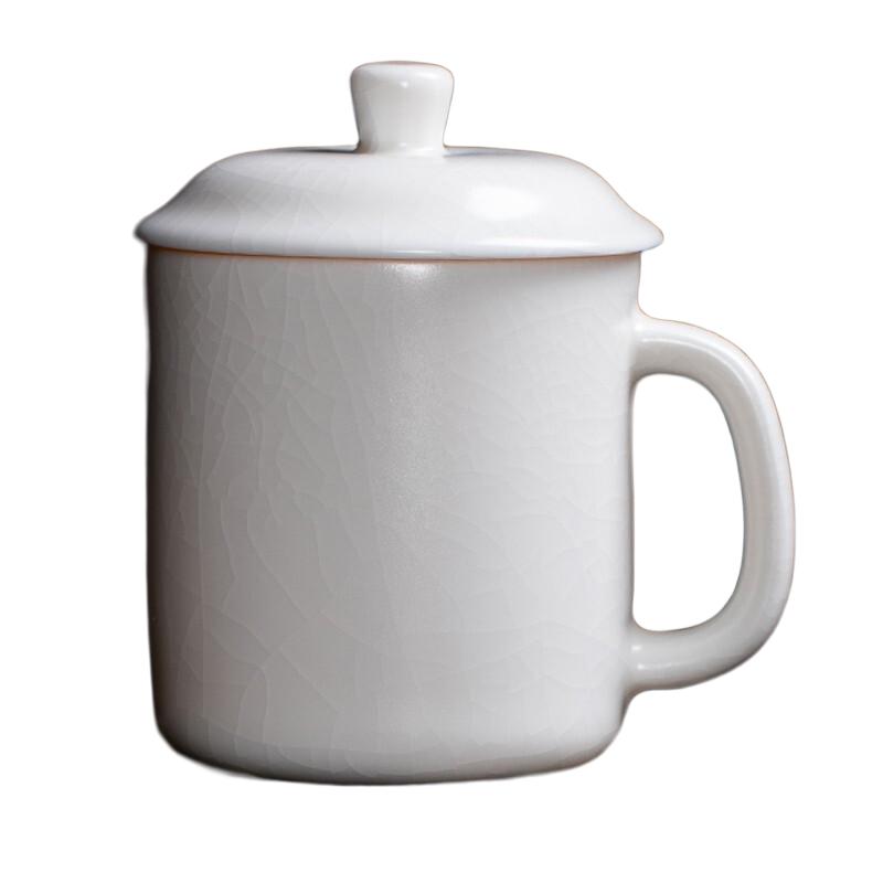 汝道白玉汝窑办公杯茶杯水杯带手柄个人杯可养开片陶瓷带盖绿茶泡茶杯 白汝-君子办公杯400ml