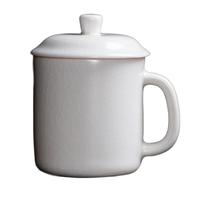 汝道白玉汝窑办公杯茶杯水杯带手柄个人杯可养开片陶瓷带盖绿茶泡茶杯 白汝-君子办公杯400ml