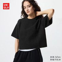 UNIQLO 优衣库 女装罗纹圆领针织衫/短袖毛衣毛衫空调衫通勤478327 09 黑色 S /155/80A